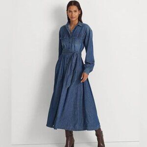 Lauren Ralph Lauren Belted Denim Maxi Shirtdress Long Sleeve Cotton